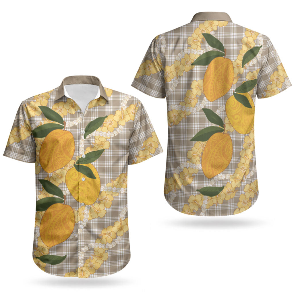 Maku'e Hawaiian Mango Palaka Couples Matching Off Shoulder Maxi Dress and Hawaiian Shirt Aloha Hibiscus Pikake Lei