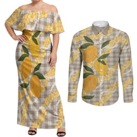 Maku'e Hawaiian Mango Palaka Couples Matching Off Shoulder Maxi Dress and Long Sleeve Button Shirt Aloha Hibiscus Pikake Lei