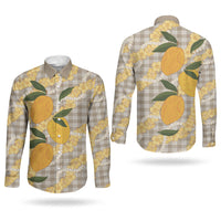 Maku'e Hawaiian Mango Palaka Couples Matching Off Shoulder Maxi Dress and Long Sleeve Button Shirt Aloha Hibiscus Pikake Lei