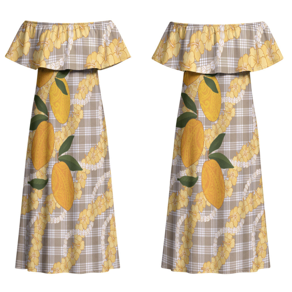 Maku'e Hawaiian Mango Palaka Couples Matching Off Shoulder Maxi Dress and Long Sleeve Button Shirt Aloha Hibiscus Pikake Lei