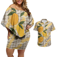 Maku'e Hawaiian Mango Palaka Couples Matching Off Shoulder Short Dress and Hawaiian Shirt Aloha Hibiscus Pikake Lei