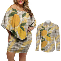 Maku'e Hawaiian Mango Palaka Couples Matching Off Shoulder Short Dress and Long Sleeve Button Shirt Aloha Hibiscus Pikake Lei