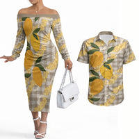 Maku'e Hawaiian Mango Palaka Couples Matching Off The Shoulder Long Sleeve Dress and Hawaiian Shirt Aloha Hibiscus Pikake Lei