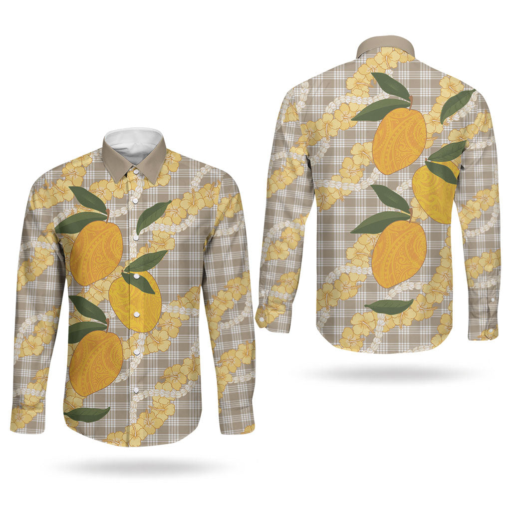 Maku'e Hawaiian Mango Palaka Couples Matching Puletasi and Long Sleeve Button Shirt Aloha Hibiscus Pikake Lei