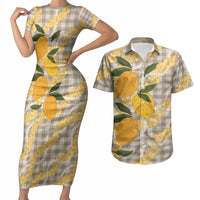 Maku'e Hawaiian Mango Palaka Couples Matching Short Sleeve Bodycon Dress and Hawaiian Shirt Aloha Hibiscus Pikake Lei