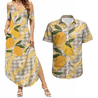 Maku'e Hawaiian Mango Palaka Couples Matching Summer Maxi Dress and Hawaiian Shirt Aloha Hibiscus Pikake Lei