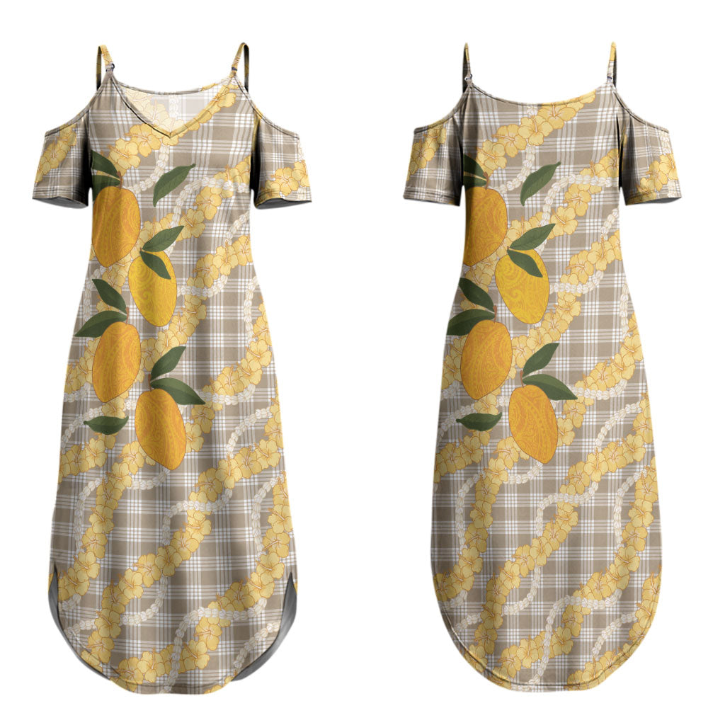 Maku'e Hawaiian Mango Palaka Couples Matching Summer Maxi Dress and Hawaiian Shirt Aloha Hibiscus Pikake Lei