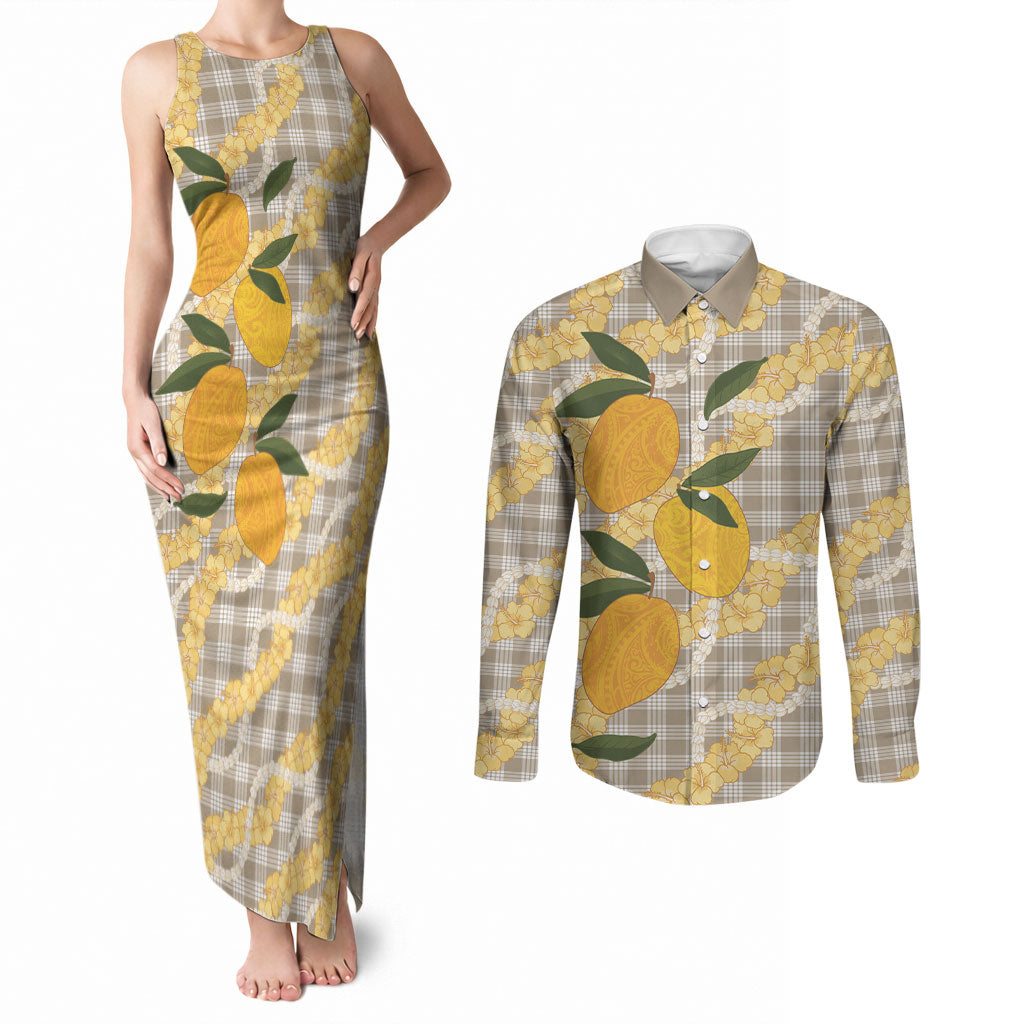 Maku'e Hawaiian Mango Palaka Couples Matching Tank Maxi Dress and Long Sleeve Button Shirt Aloha Hibiscus Pikake Lei