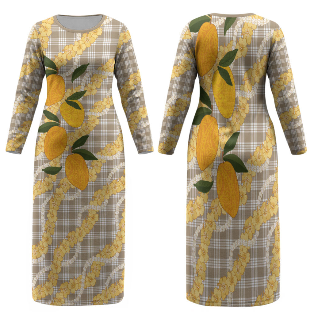 Maku'e Hawaiian Mango Palaka Family Matching Long Sleeve Bodycon Dress and Hawaiian Shirt Aloha Hibiscus Pikake Lei