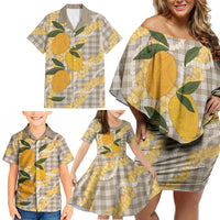 Maku'e Hawaiian Mango Palaka Family Matching Off Shoulder Short Dress and Hawaiian Shirt Aloha Hibiscus Pikake Lei