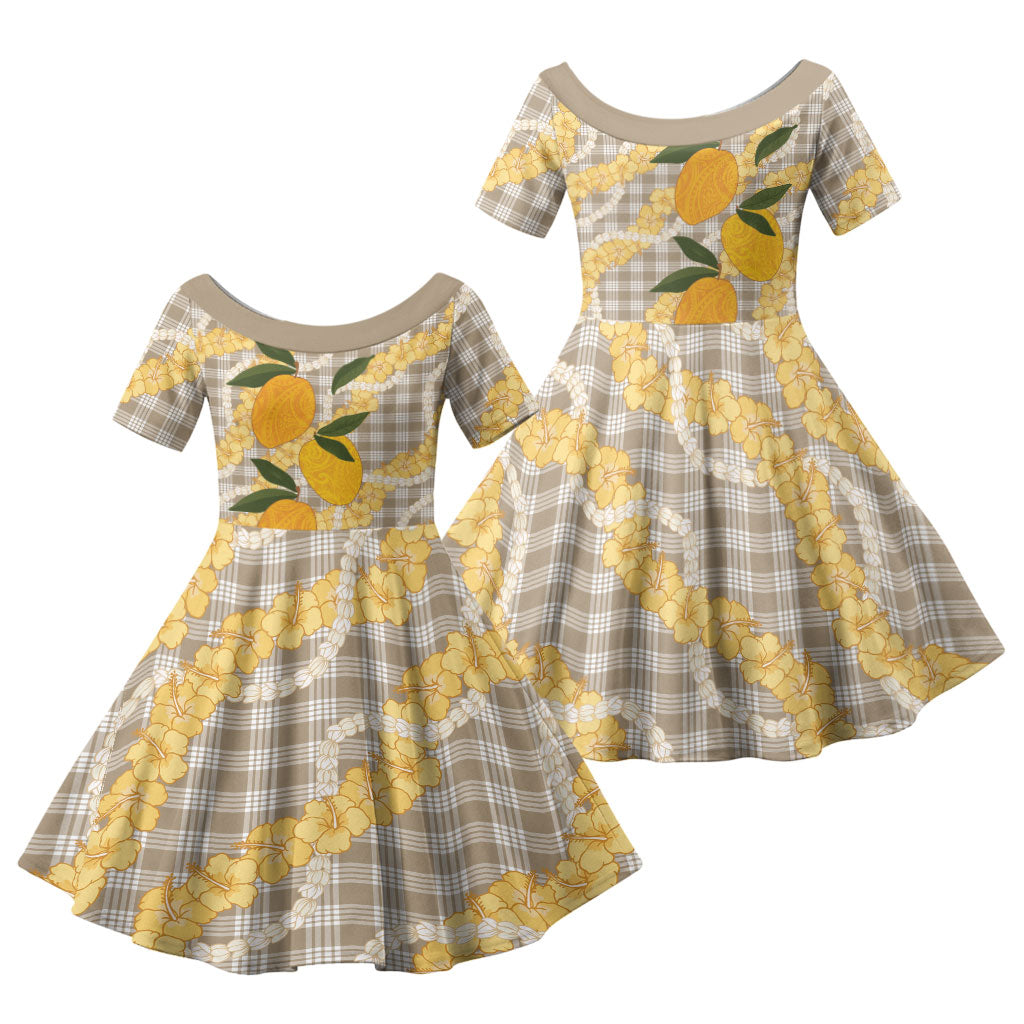 Maku'e Hawaiian Mango Palaka Family Matching Puletasi and Hawaiian Shirt Aloha Hibiscus Pikake Lei