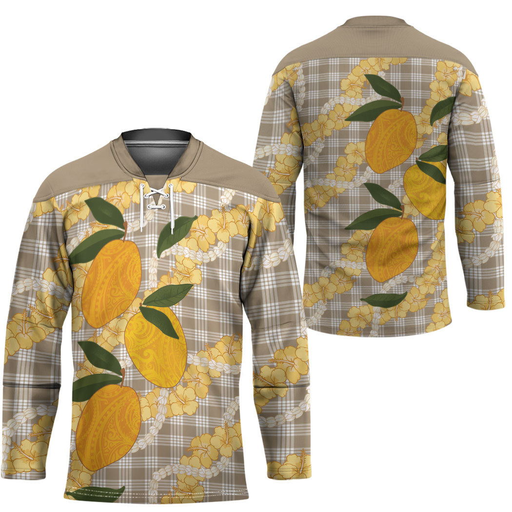 Maku'e Hawaiian Mango Palaka Hockey Jersey Aloha Hibiscus Pikake Lei