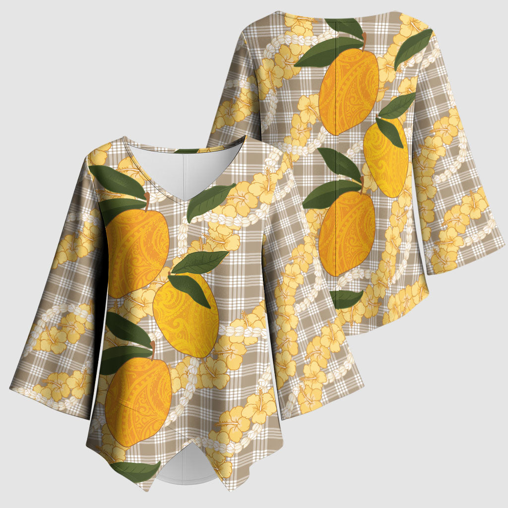Maku'e Hawaiian Mango Palaka Kimono Sleeve Blouse Aloha Hibiscus Pikake Lei