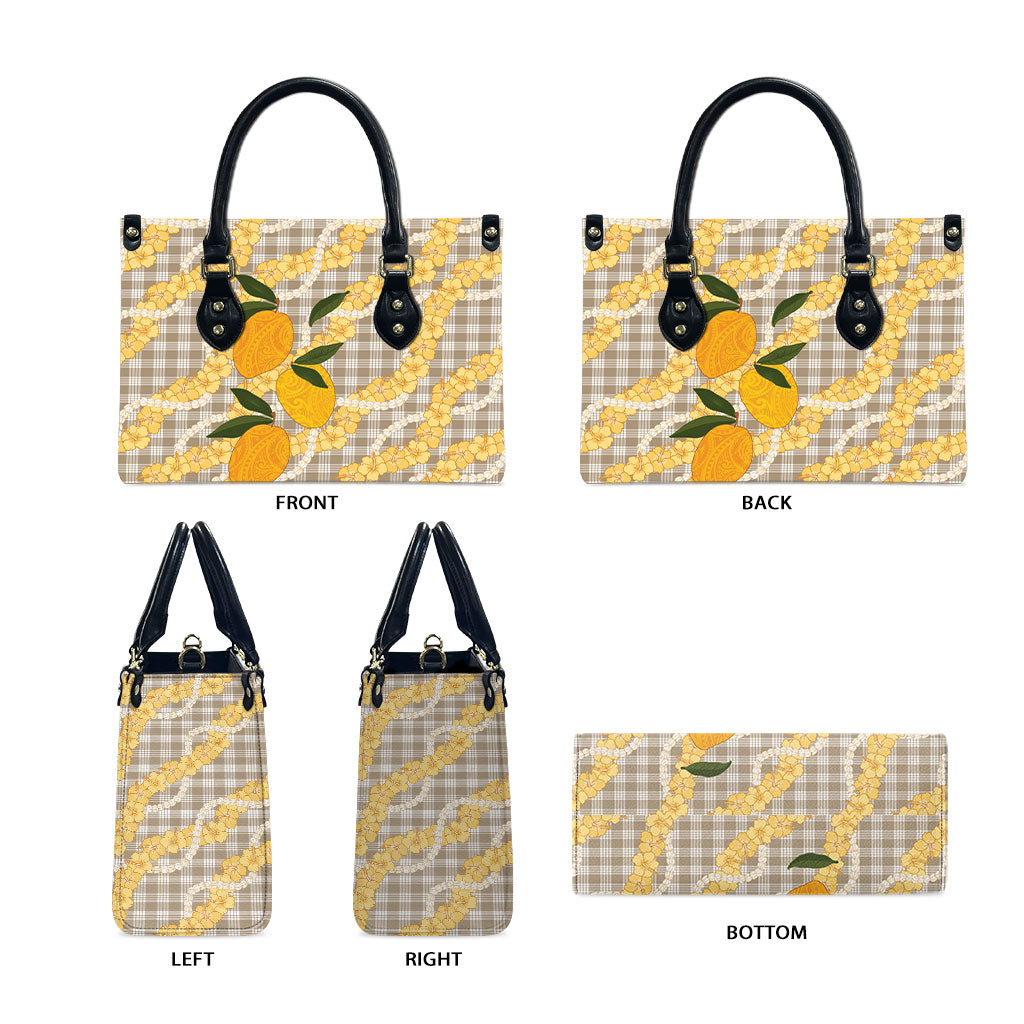 Maku'e Hawaiian Mango Palaka Leather Bag Aloha Hibiscus Pikake Lei