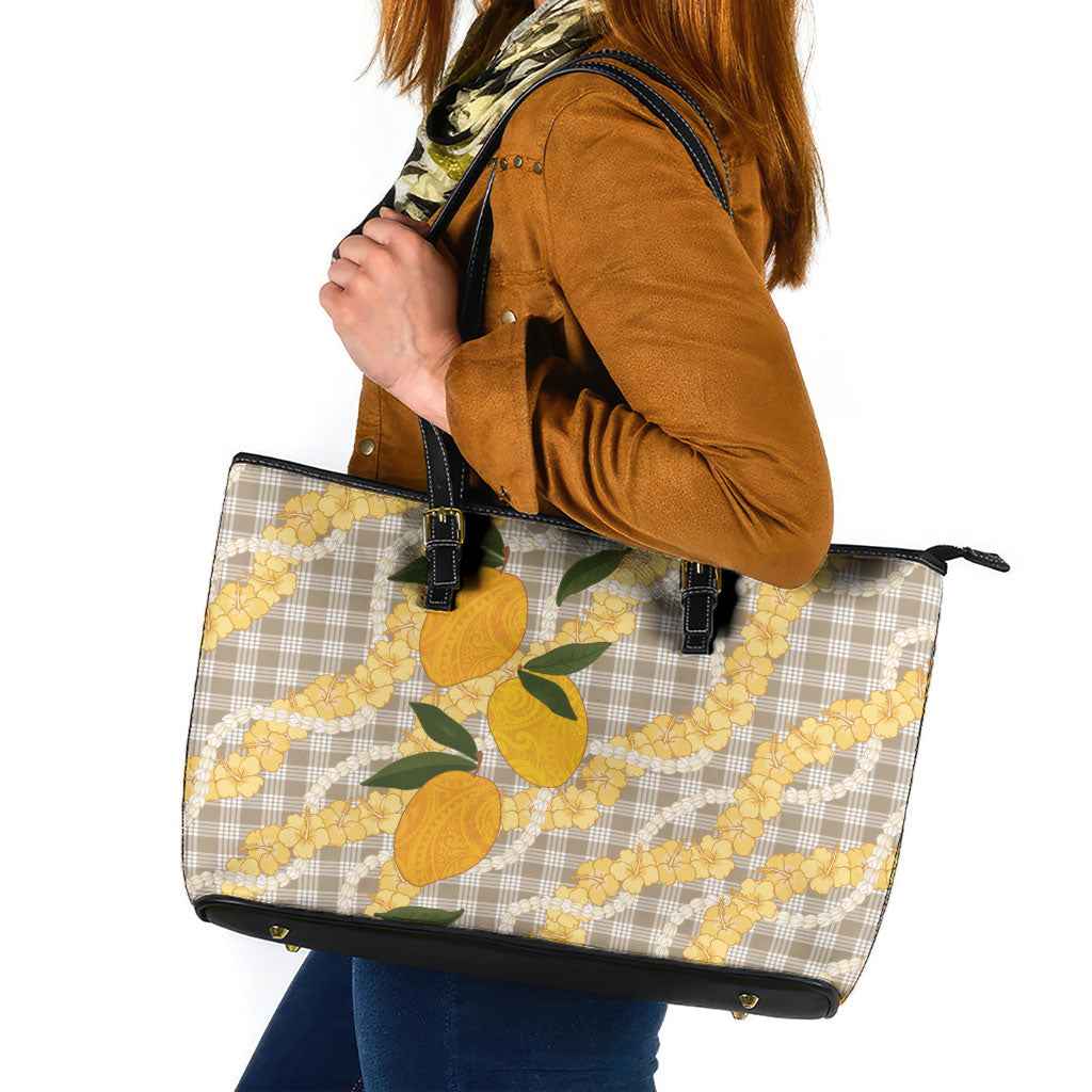 Maku'e Hawaiian Mango Palaka Leather Tote Bag Aloha Hibiscus Pikake Lei