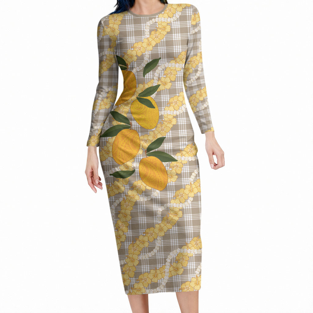 Maku'e Hawaiian Mango Palaka Long Sleeve Bodycon Dress Aloha Hibiscus Pikake Lei