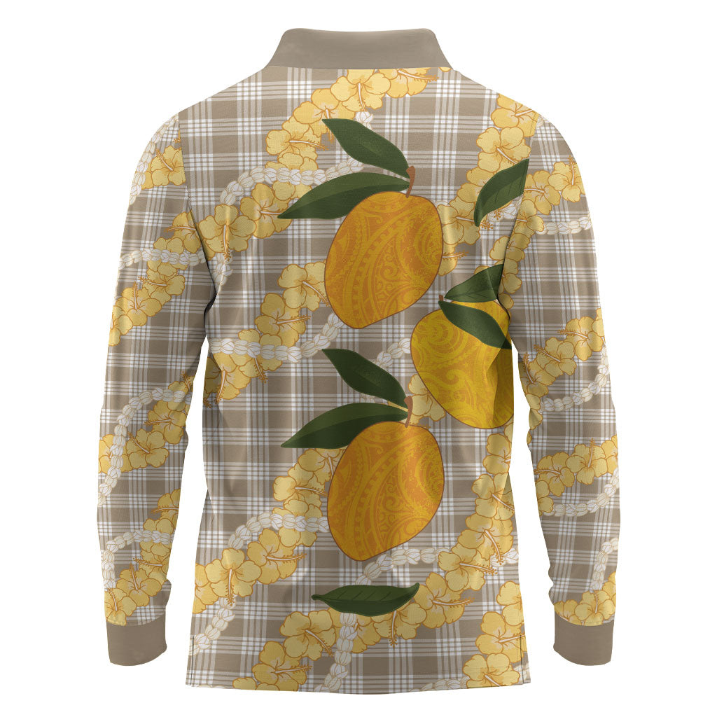 Maku'e Hawaiian Mango Palaka Long Sleeve Polo Shirt Aloha Hibiscus Pikake Lei