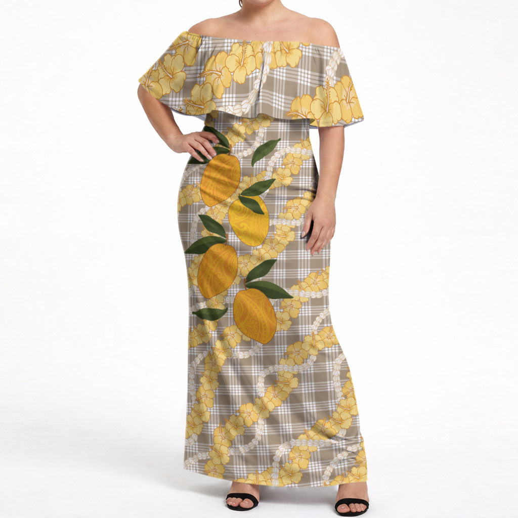 Maku'e Hawaiian Mango Palaka Off Shoulder Maxi Dress Aloha Hibiscus Pikake Lei