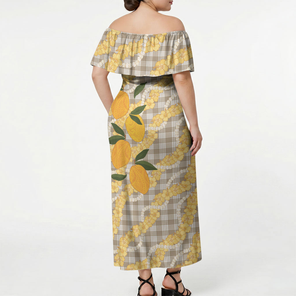 Maku'e Hawaiian Mango Palaka Off Shoulder Maxi Dress Aloha Hibiscus Pikake Lei