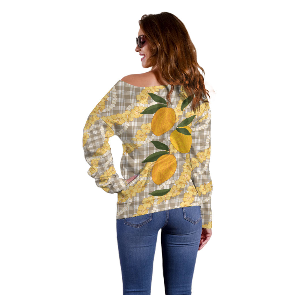 Maku'e Hawaiian Mango Palaka Off Shoulder Sweater Aloha Hibiscus Pikake Lei
