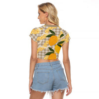 Maku'e Hawaiian Mango Palaka Raglan Cropped T Shirt Aloha Hibiscus Pikake Lei