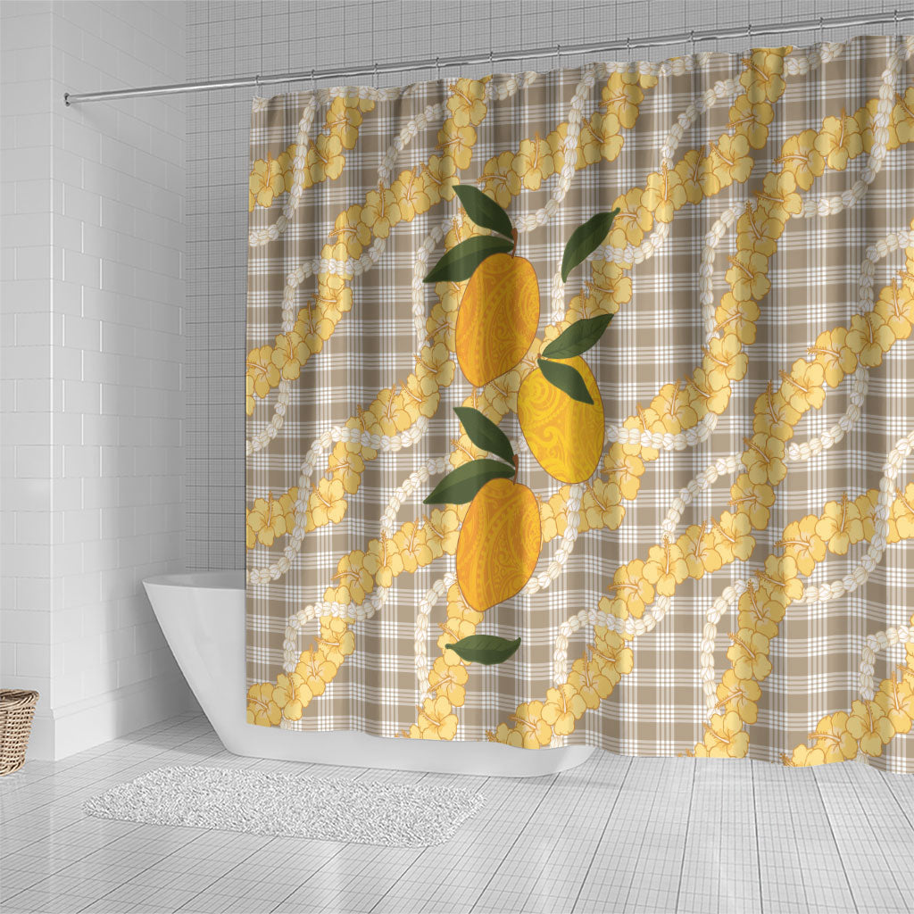 Maku'e Hawaiian Mango Palaka Shower Curtain Aloha Hibiscus Pikake Lei