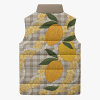 Maku'e Hawaiian Mango Palaka Sleeveless Puffer Jacket Aloha Hibiscus Pikake Lei