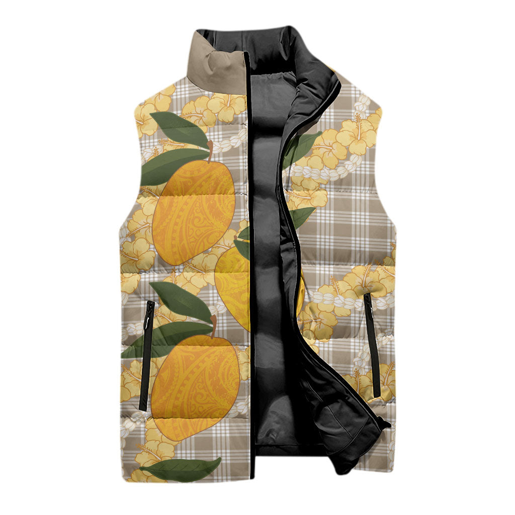 Maku'e Hawaiian Mango Palaka Sleeveless Puffer Jacket Aloha Hibiscus Pikake Lei