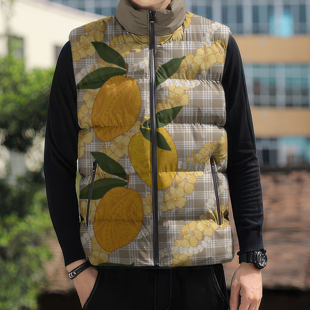 Maku'e Hawaiian Mango Palaka Sleeveless Puffer Jacket Aloha Hibiscus Pikake Lei