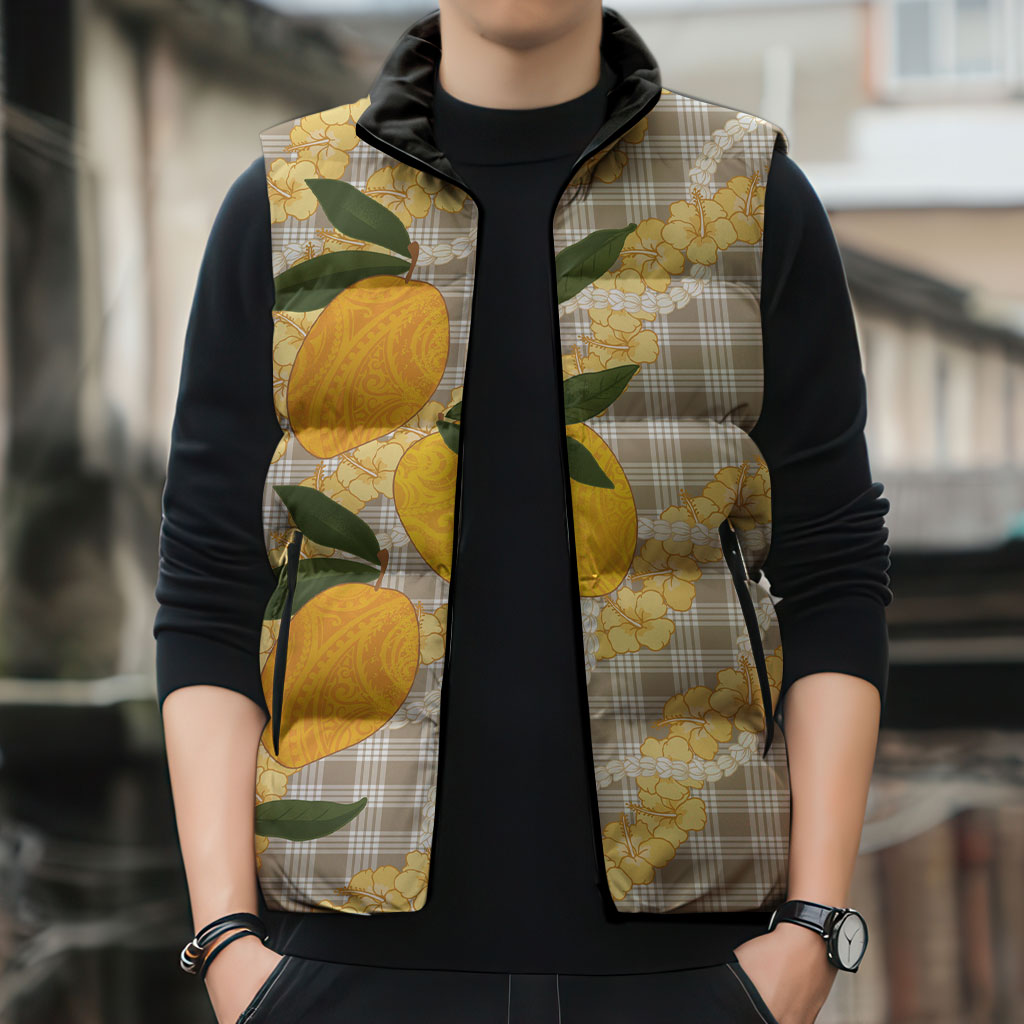 Maku'e Hawaiian Mango Palaka Sleeveless Puffer Jacket Aloha Hibiscus Pikake Lei