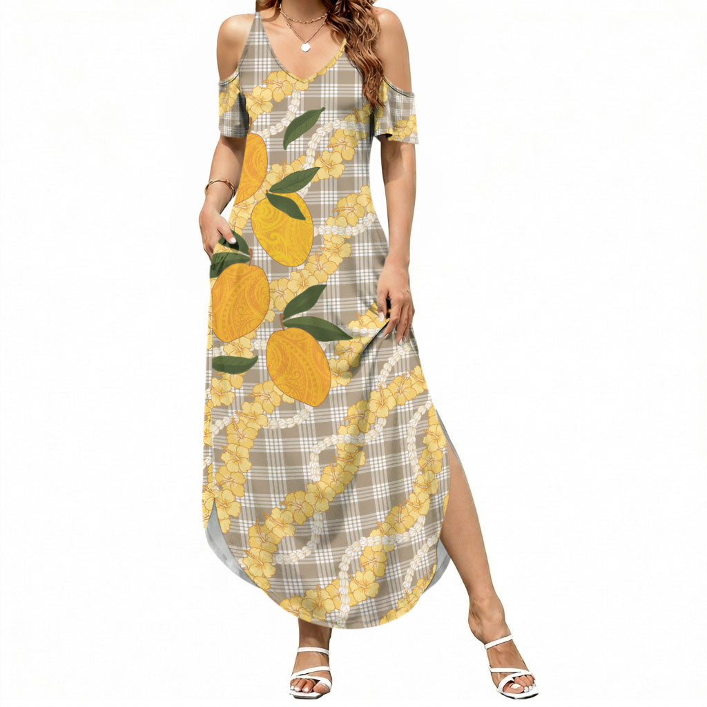 Maku'e Hawaiian Mango Palaka Summer Maxi Dress Aloha Hibiscus Pikake Lei