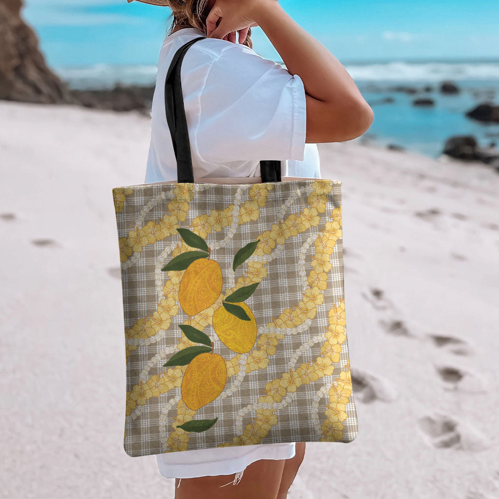Maku'e Hawaiian Mango Palaka Tote Bag Aloha Hibiscus Pikake Lei