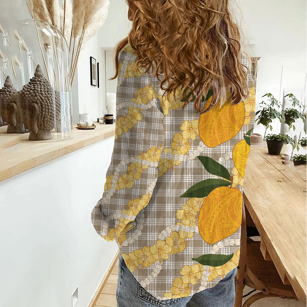 Maku'e Hawaiian Mango Palaka Women Casual Shirt Aloha Hibiscus Pikake Lei