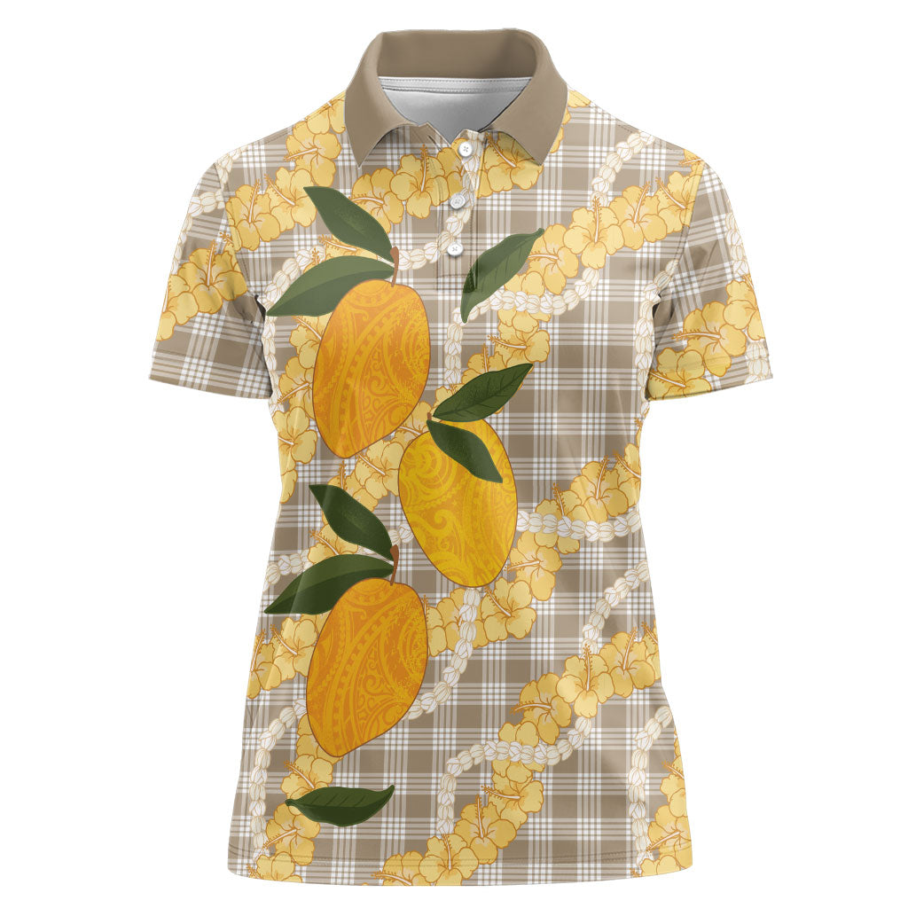 Maku'e Hawaiian Mango Palaka Women Polo Shirt Aloha Hibiscus Pikake Lei