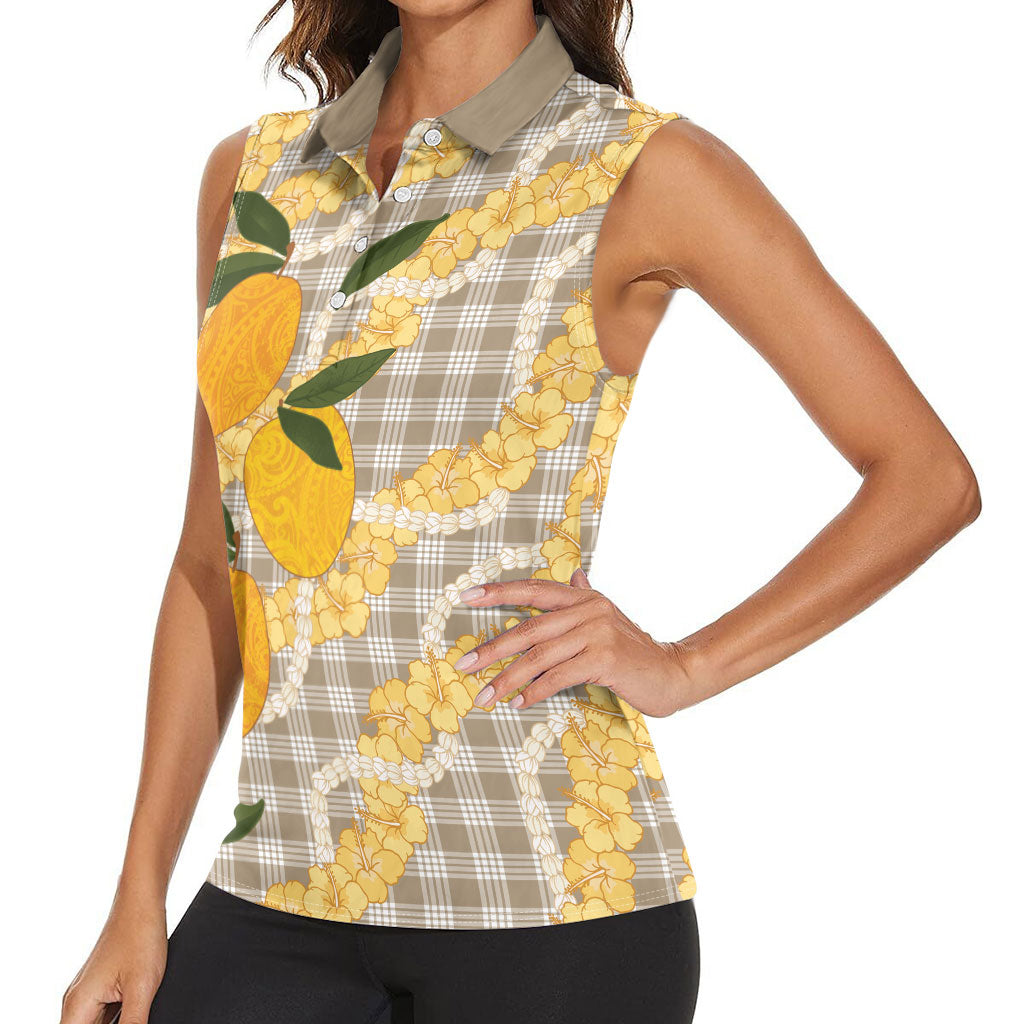 Maku'e Hawaiian Mango Palaka Women Sleeveless Polo Shirt Aloha Hibiscus Pikake Lei