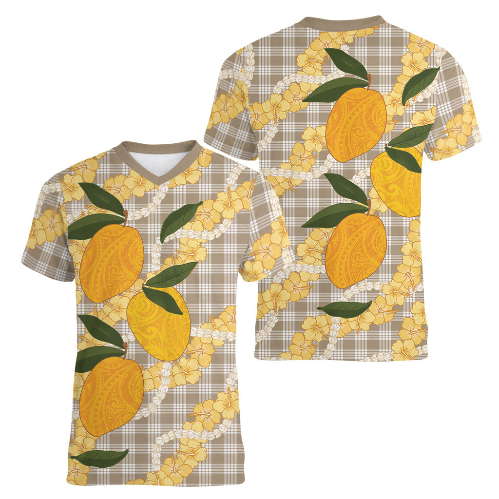 Maku'e Hawaiian Mango Palaka Women V-Neck T-Shirt Aloha Hibiscus Pikake Lei