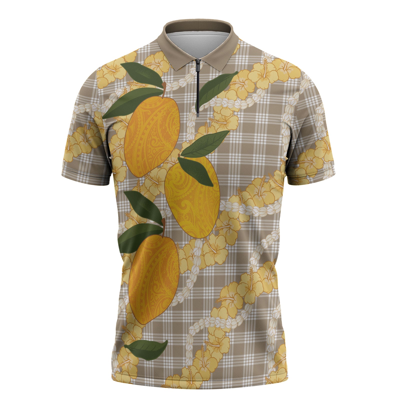 Maku'e Hawaiian Mango Palaka Zipper Polo Shirt Aloha Hibiscus Pikake Lei