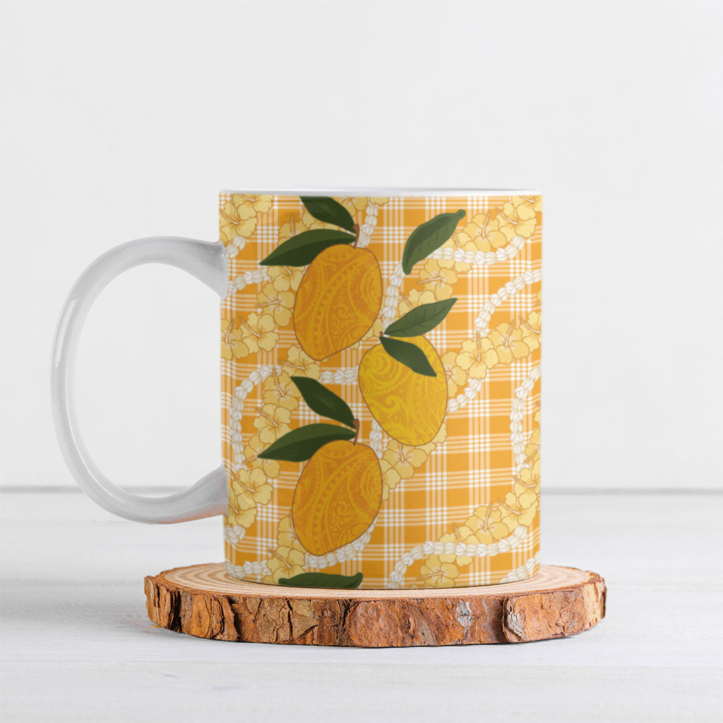 Alani Hawaiian Mango Palaka Ceramic Mug Aloha Hibiscus Pikake Lei