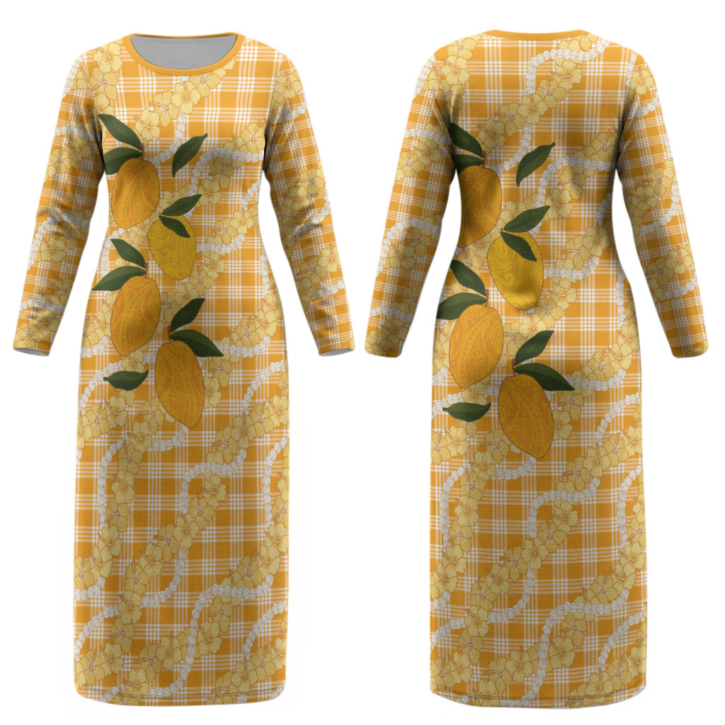 Alani Hawaiian Mango Palaka Couples Matching Long Sleeve Bodycon Dress and Long Sleeve Button Shirt Aloha Hibiscus Pikake Lei