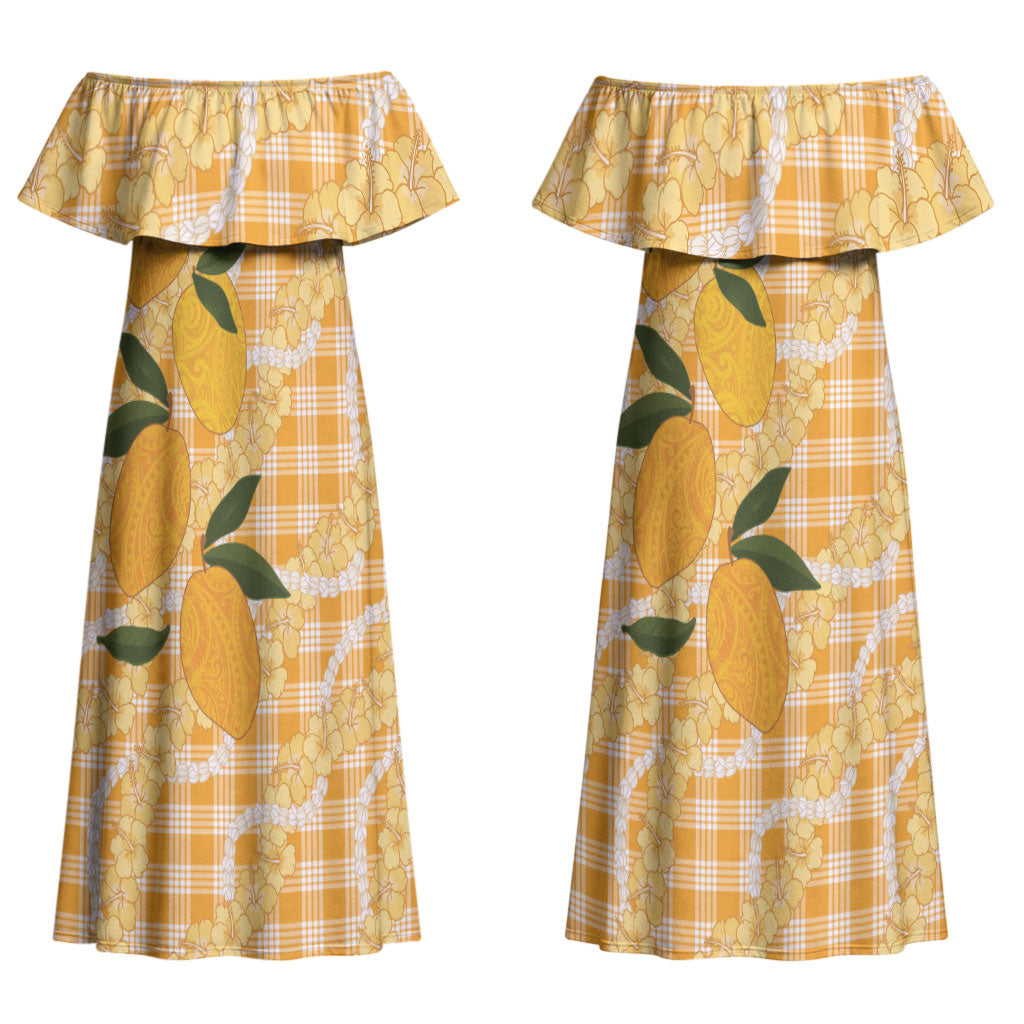 Alani Hawaiian Mango Palaka Couples Matching Off Shoulder Maxi Dress and Hawaiian Shirt Aloha Hibiscus Pikake Lei
