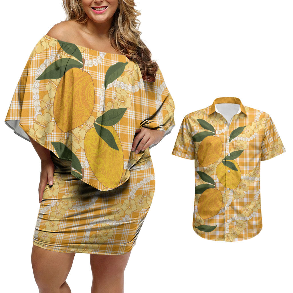 Alani Hawaiian Mango Palaka Couples Matching Off Shoulder Short Dress and Hawaiian Shirt Aloha Hibiscus Pikake Lei