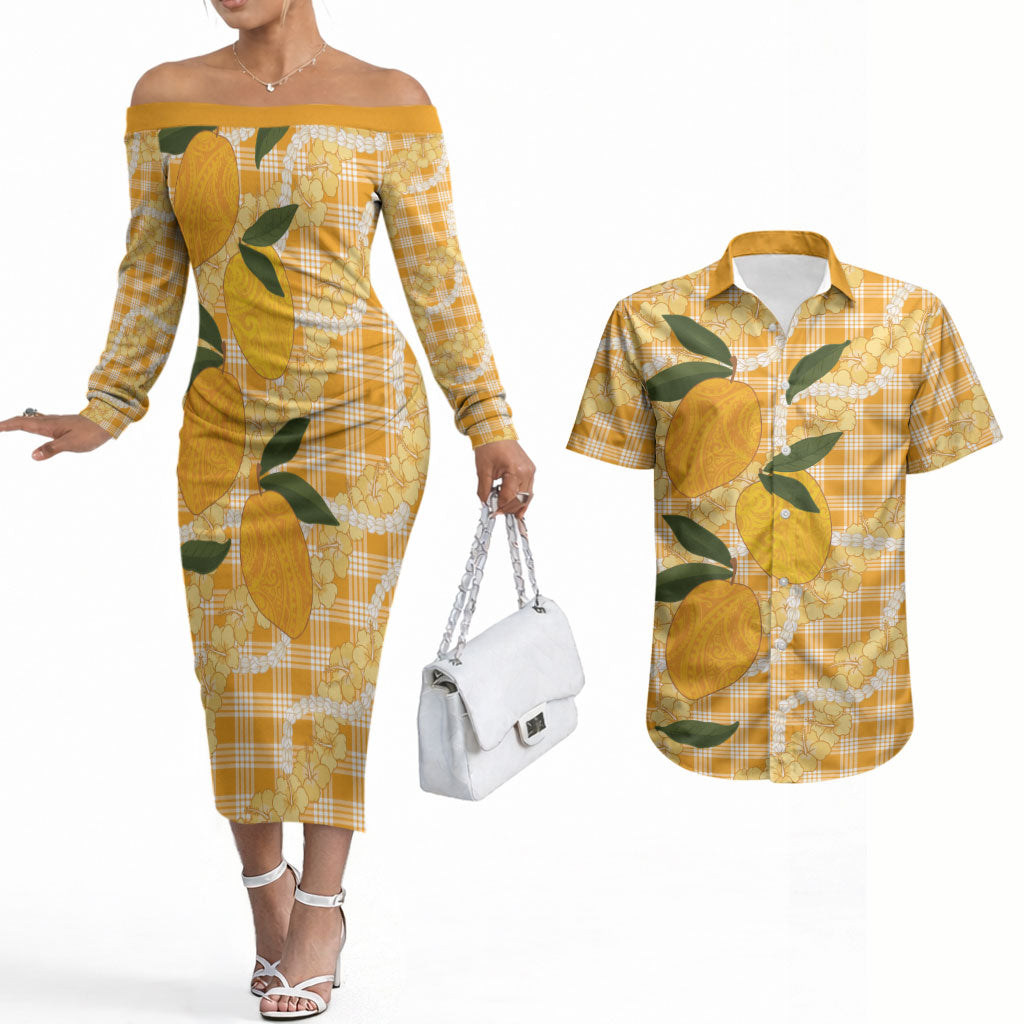 Alani Hawaiian Mango Palaka Couples Matching Off The Shoulder Long Sleeve Dress and Hawaiian Shirt Aloha Hibiscus Pikake Lei