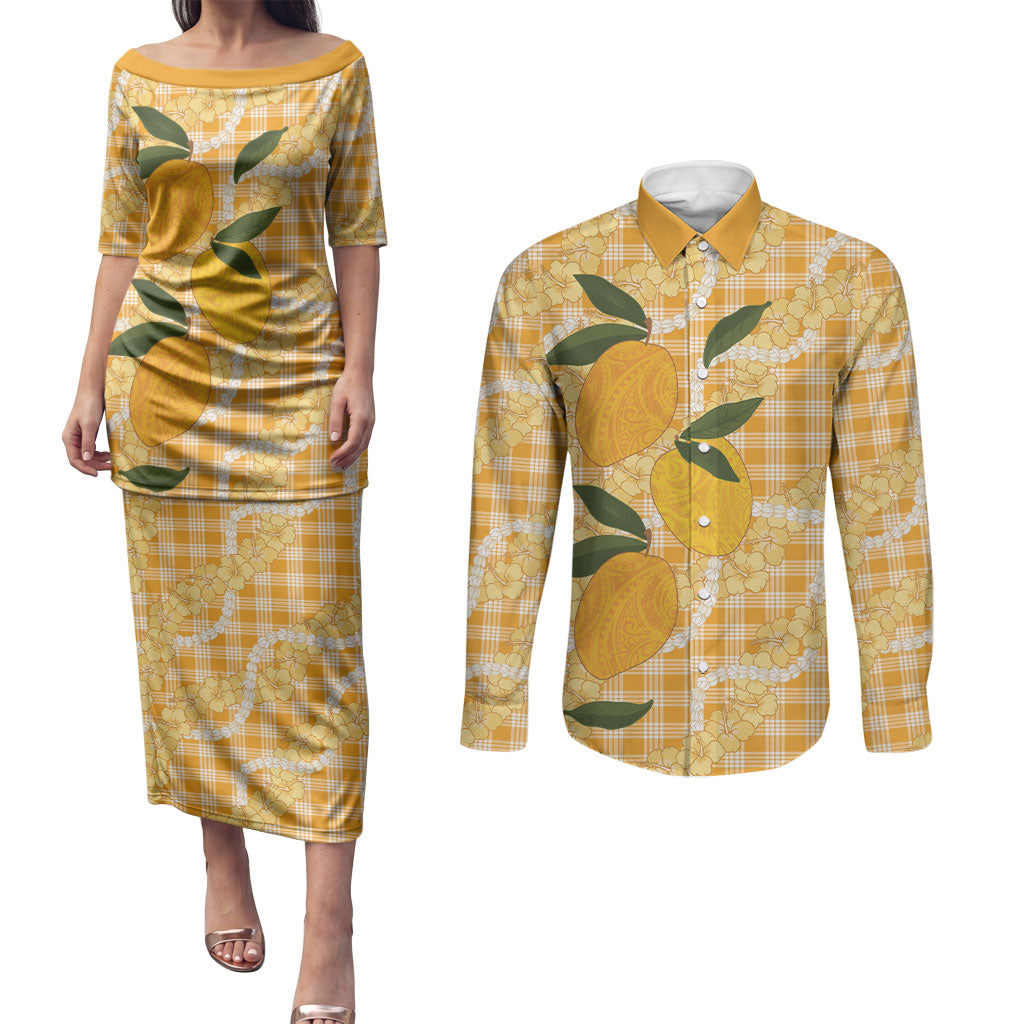 Alani Hawaiian Mango Palaka Couples Matching Puletasi and Long Sleeve Button Shirt Aloha Hibiscus Pikake Lei