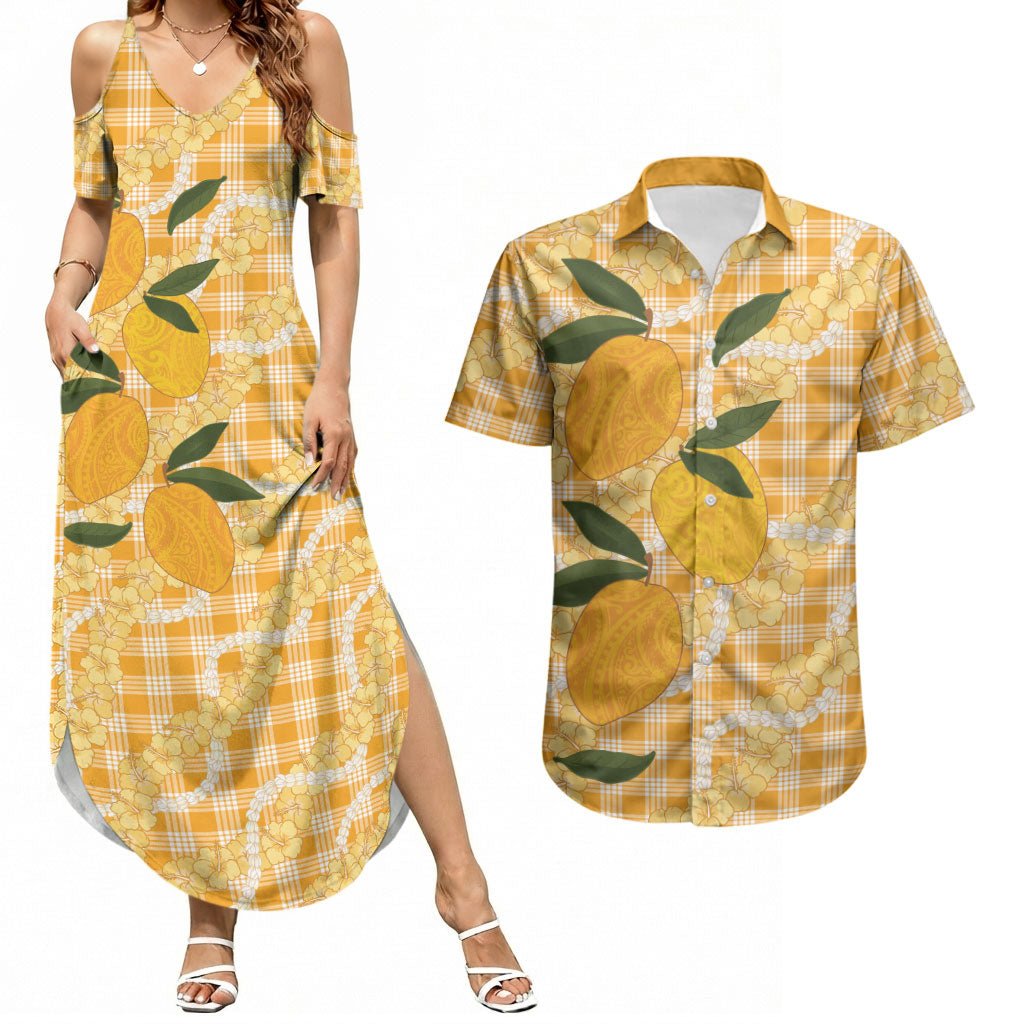 Alani Hawaiian Mango Palaka Couples Matching Summer Maxi Dress and Hawaiian Shirt Aloha Hibiscus Pikake Lei