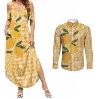Alani Hawaiian Mango Palaka Couples Matching Summer Maxi Dress and Long Sleeve Button Shirt Aloha Hibiscus Pikake Lei
