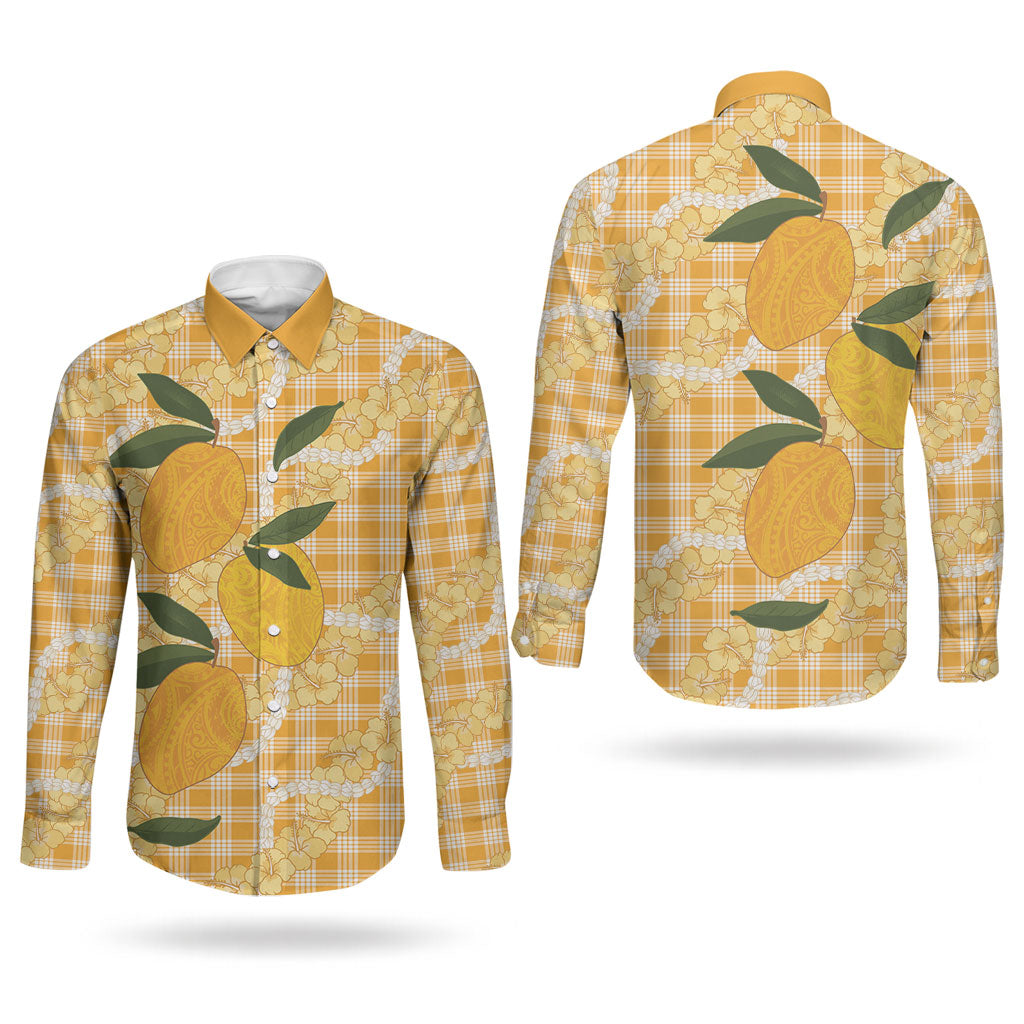 Alani Hawaiian Mango Palaka Couples Matching Summer Maxi Dress and Long Sleeve Button Shirt Aloha Hibiscus Pikake Lei