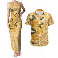 Alani Hawaiian Mango Palaka Couples Matching Tank Maxi Dress and Hawaiian Shirt Aloha Hibiscus Pikake Lei