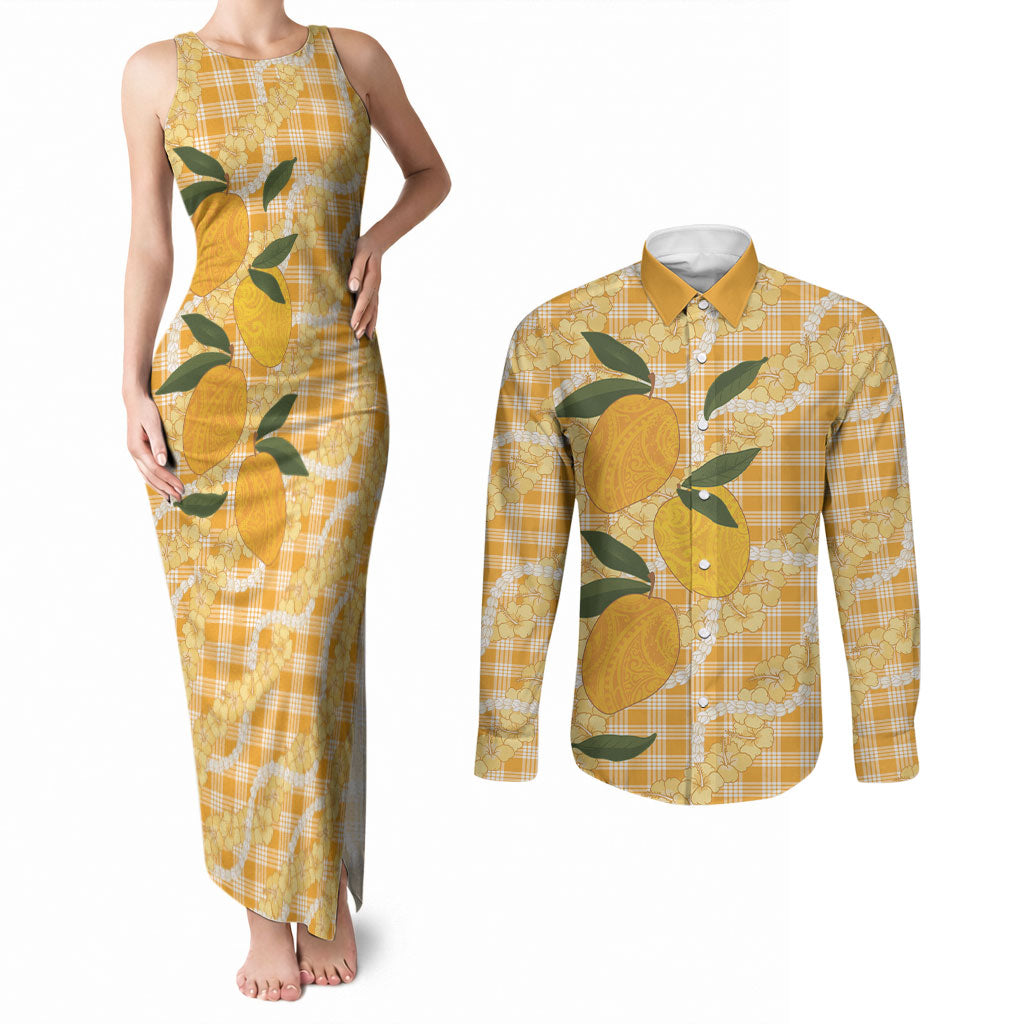 Alani Hawaiian Mango Palaka Couples Matching Tank Maxi Dress and Long Sleeve Button Shirt Aloha Hibiscus Pikake Lei