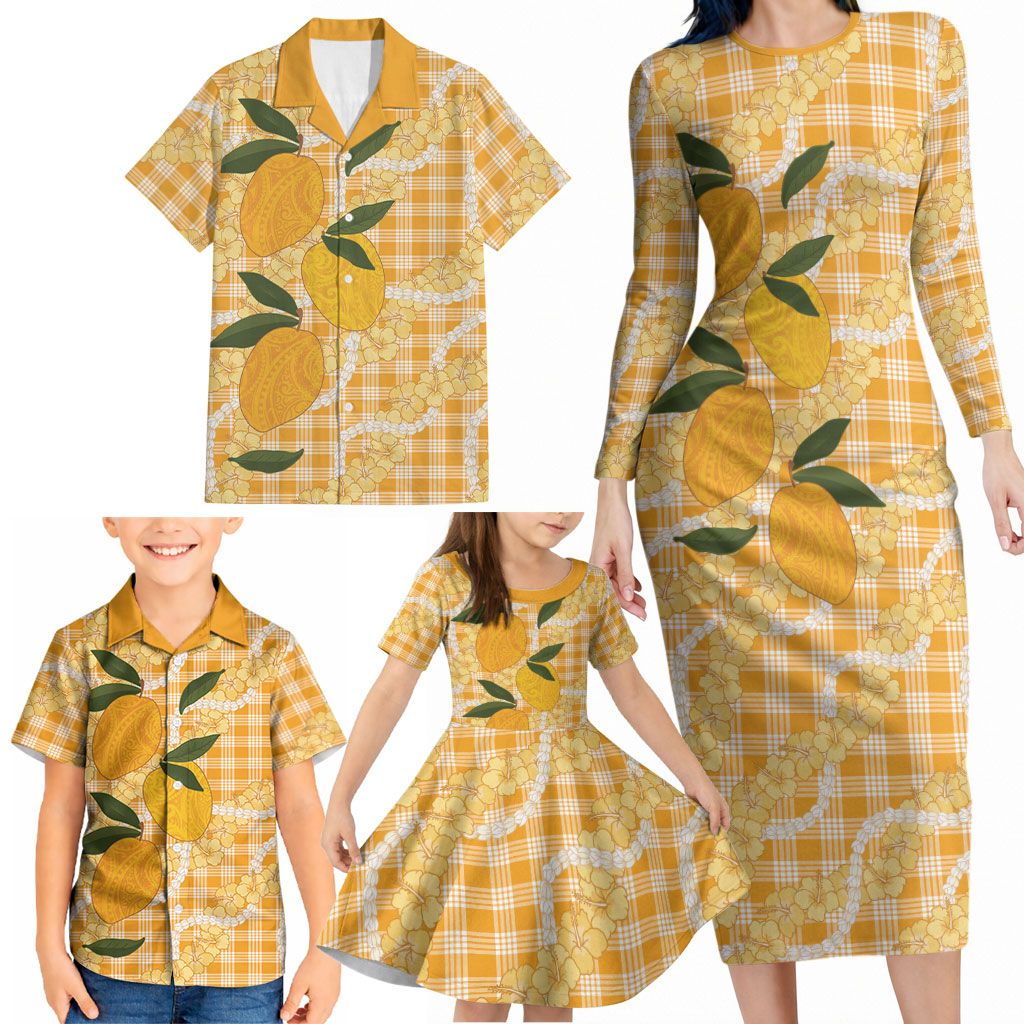 Alani Hawaiian Mango Palaka Family Matching Long Sleeve Bodycon Dress and Hawaiian Shirt Aloha Hibiscus Pikake Lei