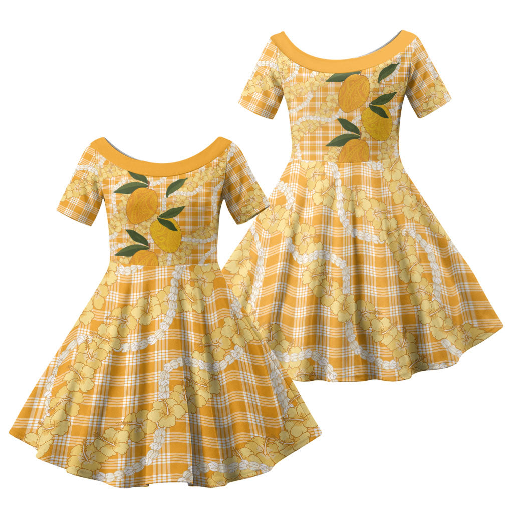Alani Hawaiian Mango Palaka Family Matching Mermaid Dress and Hawaiian Shirt Aloha Hibiscus Pikake Lei
